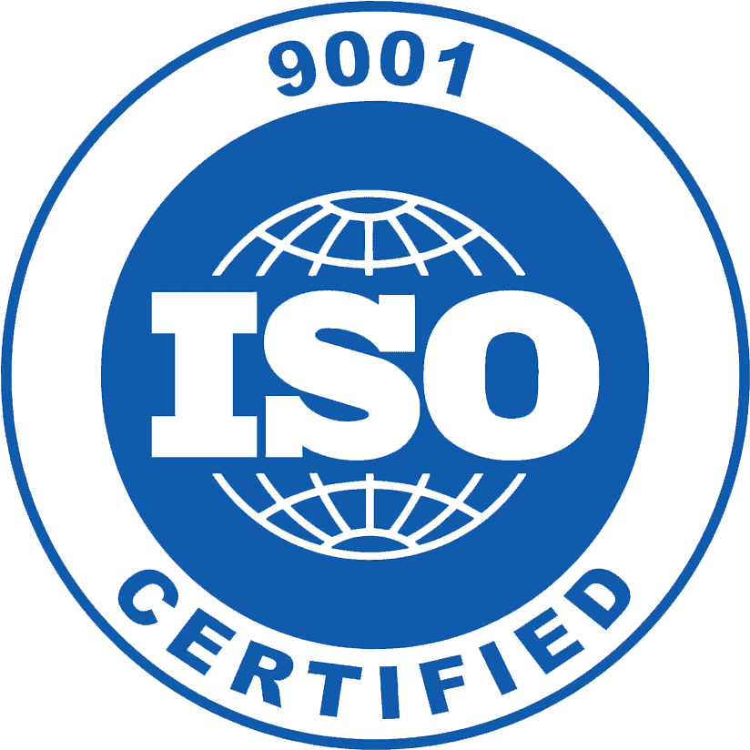ISO 9001 certified badge with a blue and white circular design featuring the text 'ISO CERTIFIED' and '9001'.