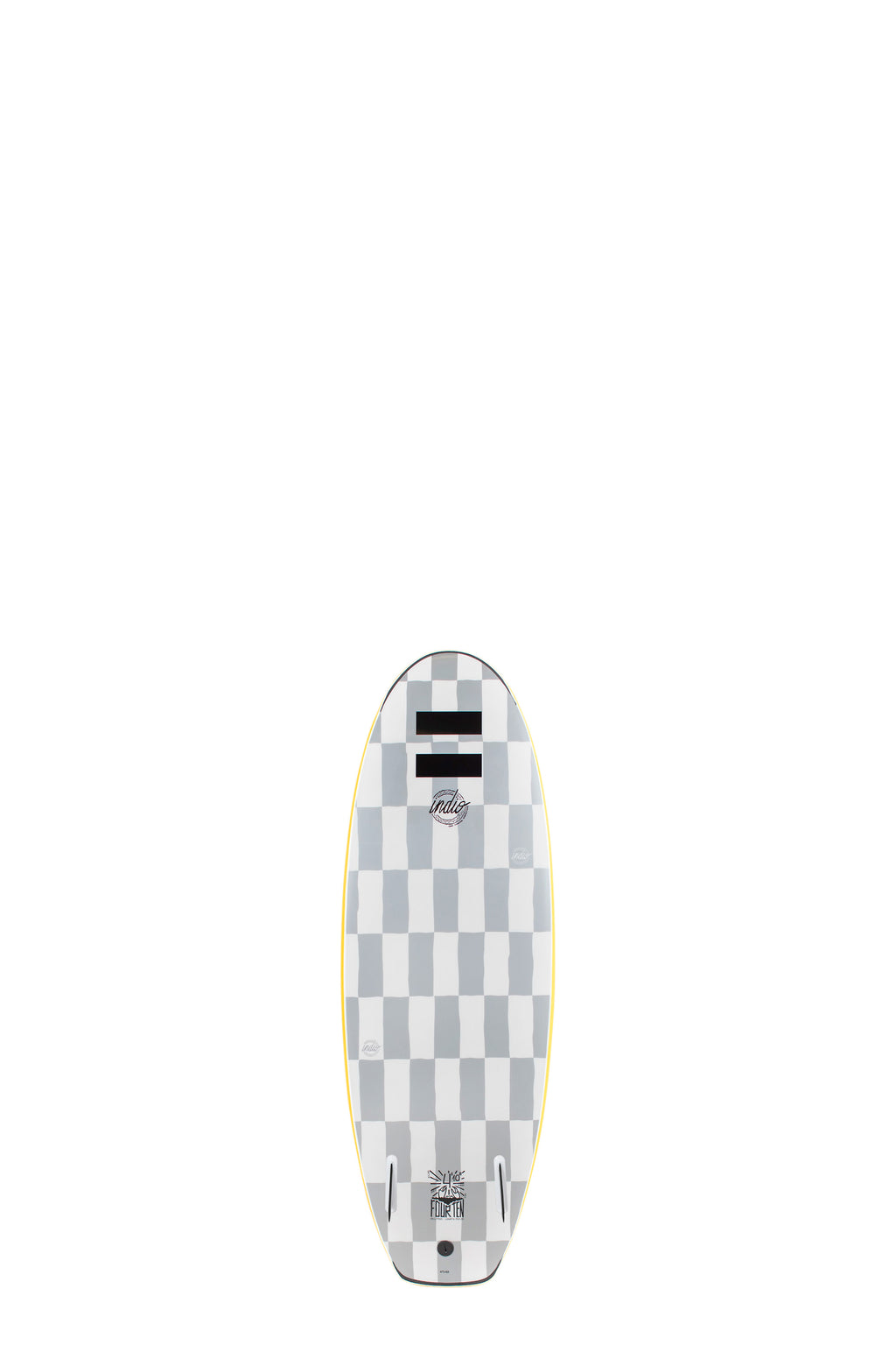 Back view of the Indio Rookie softboard featuring a checkerboard pattern in light grey and dark grey tones along the deck, displayed on a white background.
