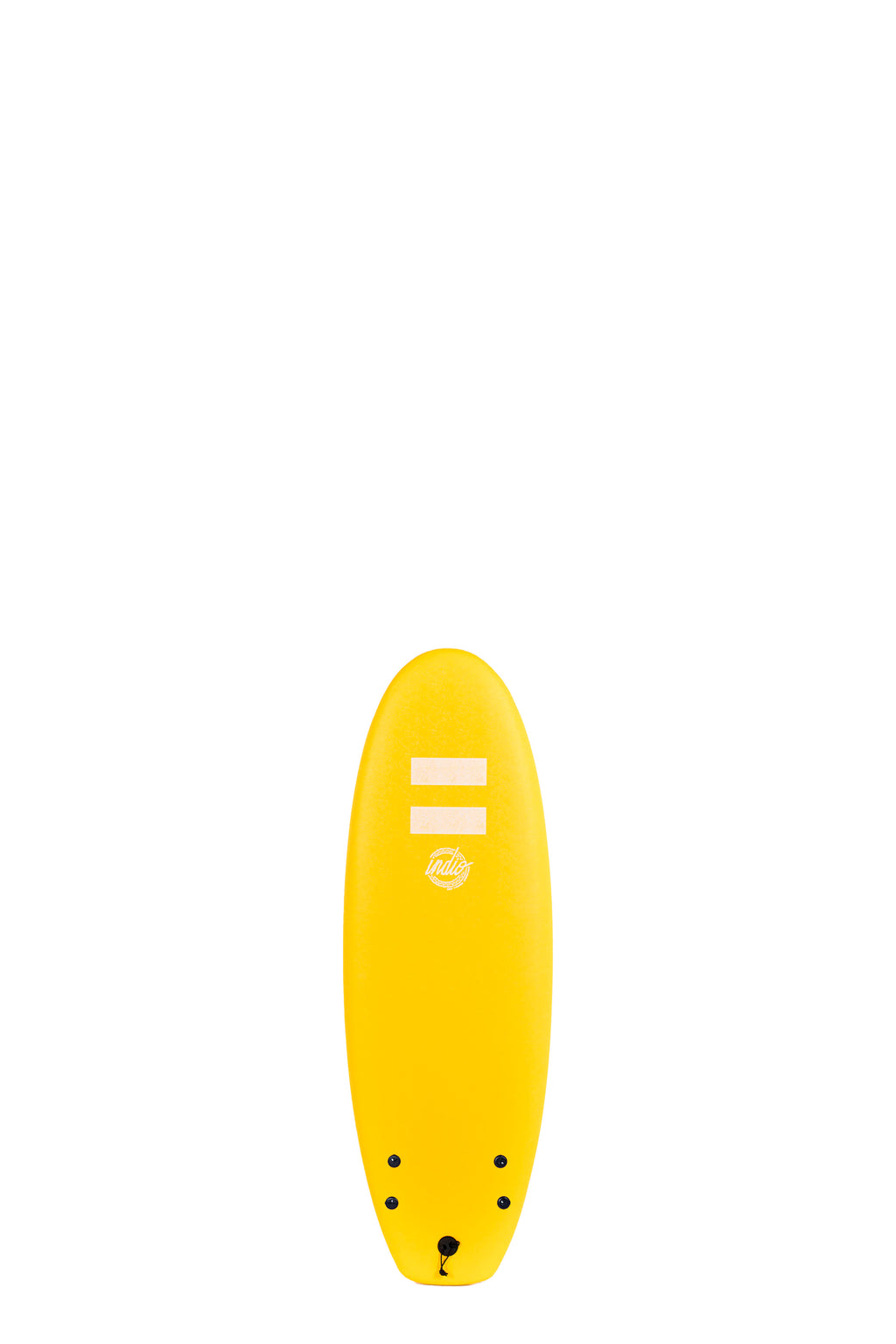 Front view of the Indio Rookie softboard featuring a smooth, solid Neon Yellow color on the deck, displayed on a white background.