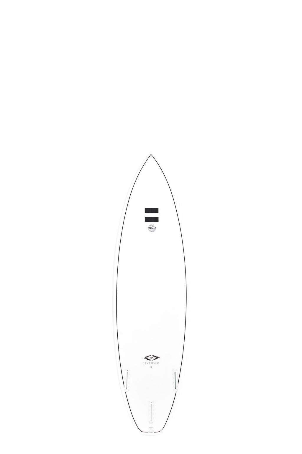 Back view of the Indio Endurance Boom HP surfboard featuring a smooth, solid white color on the deck, displayed on a white background.