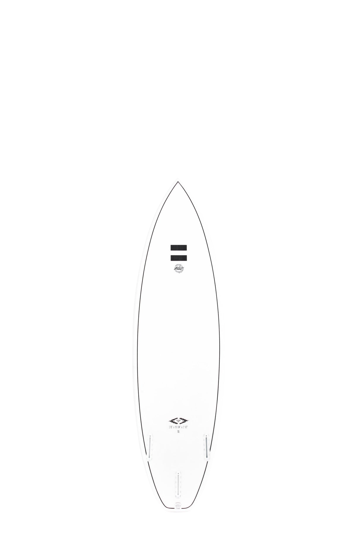 Back view of the Indio Endurance Boom HP surfboard featuring a smooth, solid white color on the deck, displayed on a white background.
