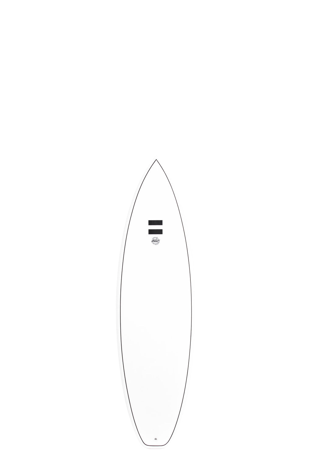 Front view of the Indio Endurance Boom HP surfboard featuring a smooth, solid white color on the deck, displayed on a white background.