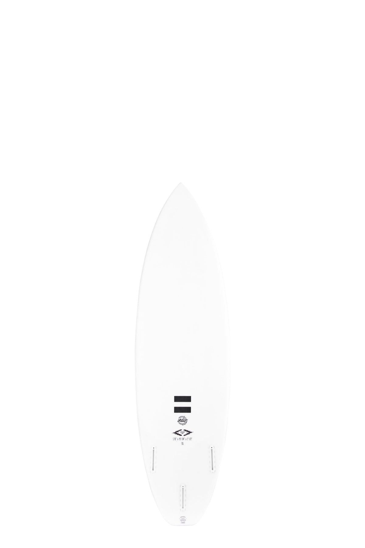 Back view of the Indio Endurance Boom HP surfboard featuring a smooth, solid white color on the deck, displayed on a white background.