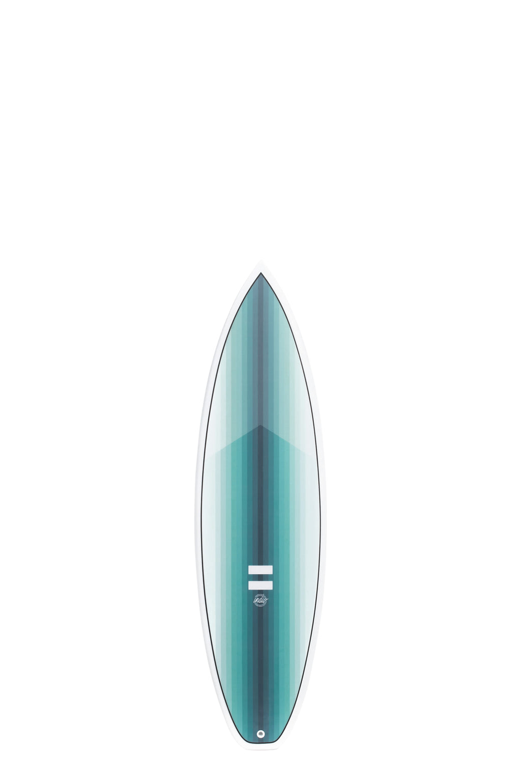 Front view of the Indio Endurance Boom HP surfboard featuring vertical light blue and turquoise stripes that form a gradient along the deck, displayed on a white background.