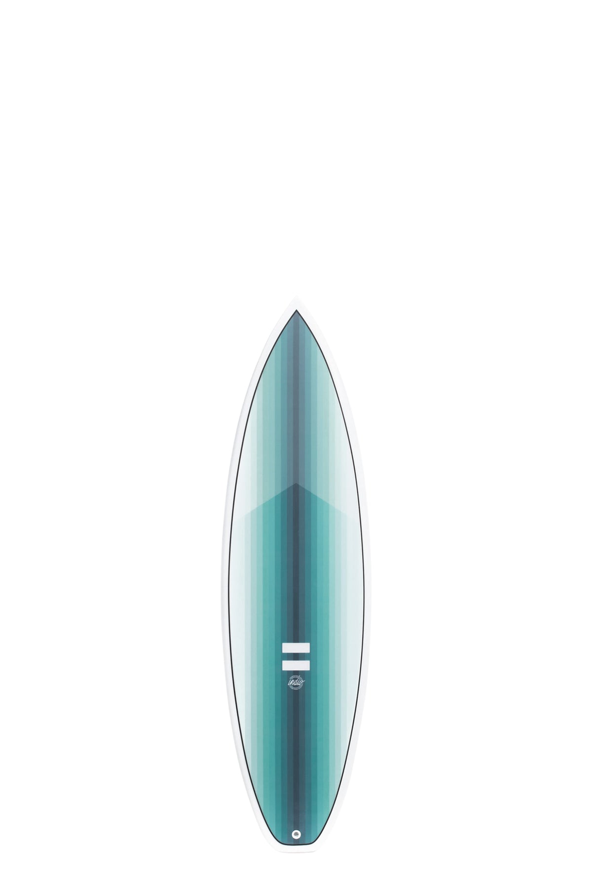Front view of the Indio Endurance Boom HP surfboard featuring vertical light blue and turquoise stripes that form a gradient along the deck, displayed on a white background.