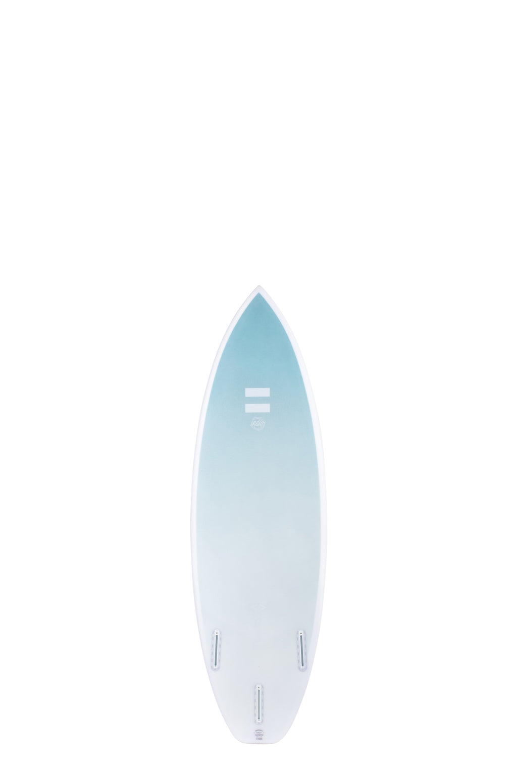 Back view of the Indio Surfboards Boom HP surfboard in the New Space colorway, with a light blue-to-white gradient and fin plug visible, displayed upright on a white background.