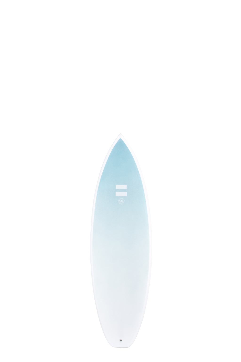Front view of the Indio Surfboards Boom HP surfboard in the New Space colorway, featuring a light blue-to-white gradient, shown upright on a white background.