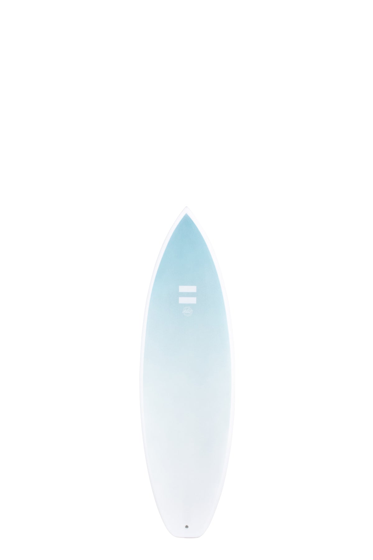 Front view of the Indio Surfboards Boom HP surfboard in the New Space colorway, featuring a light blue-to-white gradient, shown upright on a white background.