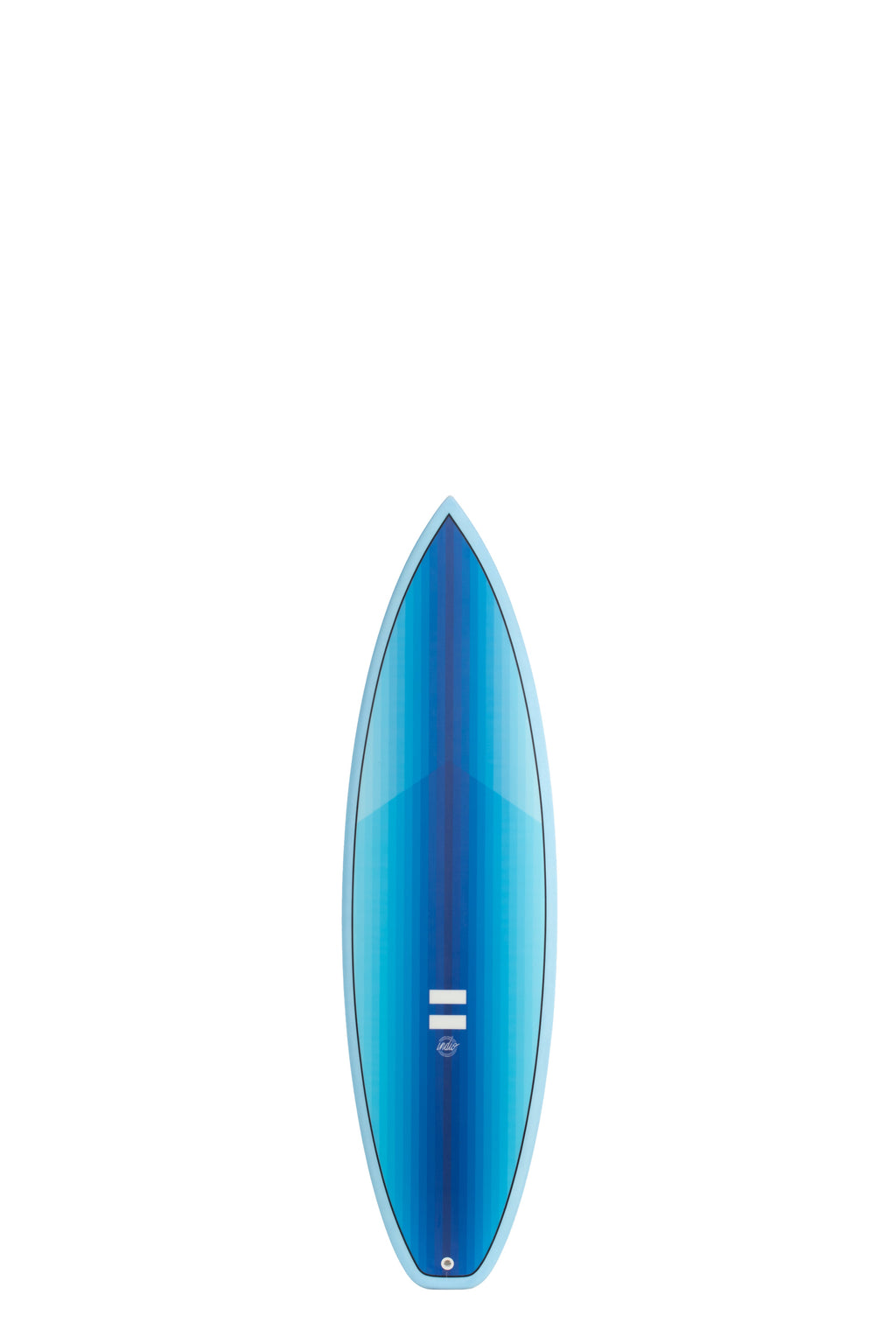 Front view of the Indio Boom HP surfboard featuring vertical blue stripes that form a gradient along the deck, displayed on a white background.