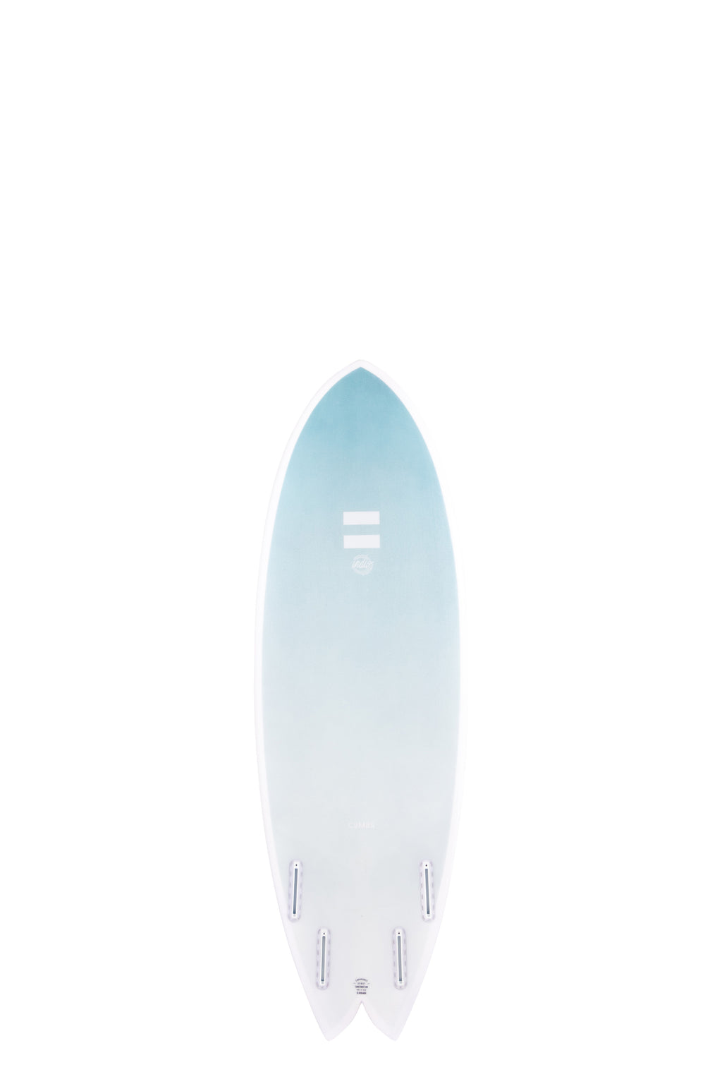 Back view of the Indio Endurance Combo surfboard in the New Space colorway, featuring a light blue-to-white gradient, shown upright on a white background.