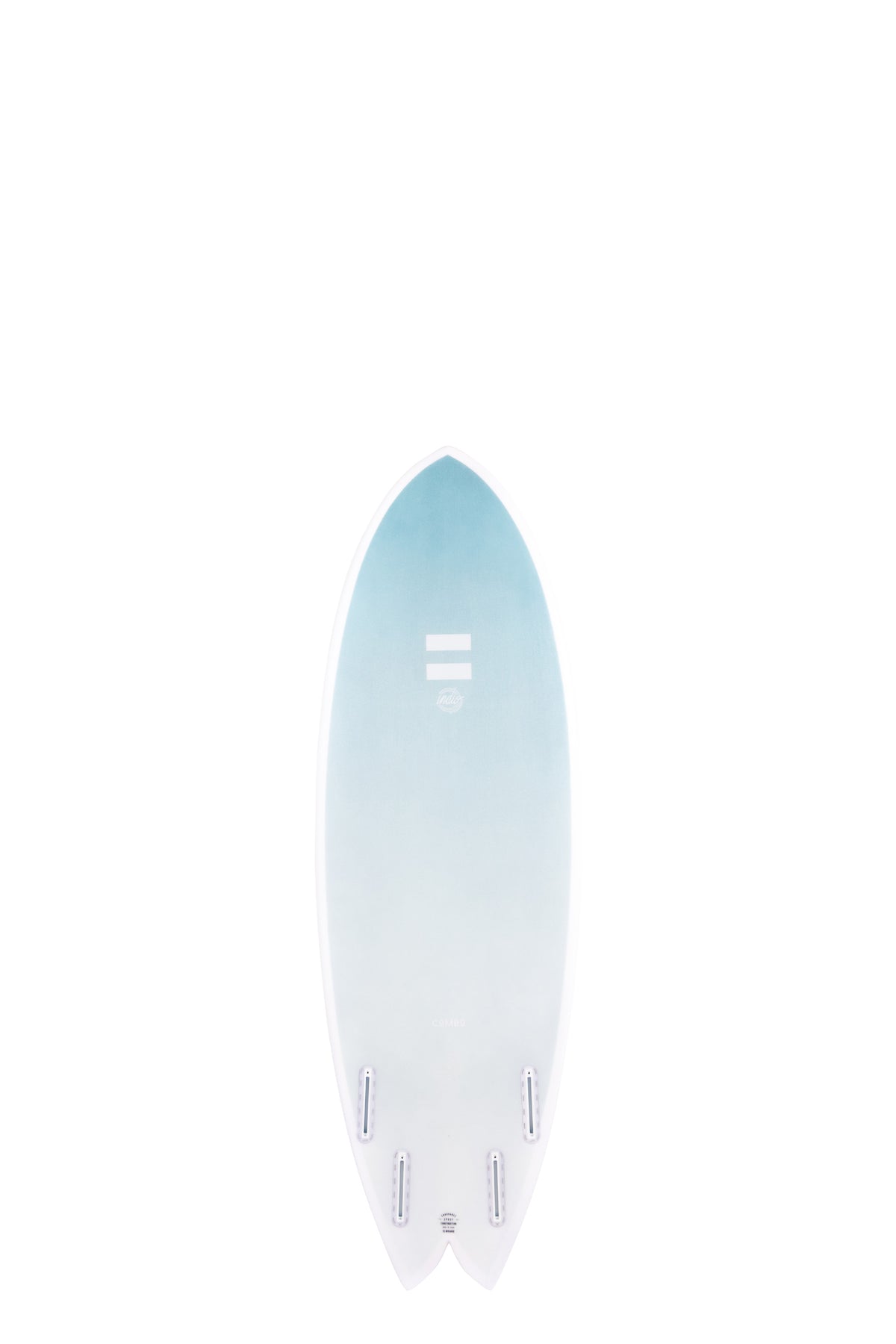 Back view of the Indio Endurance Combo surfboard in the New Space colorway, featuring a light blue-to-white gradient, shown upright on a white background.