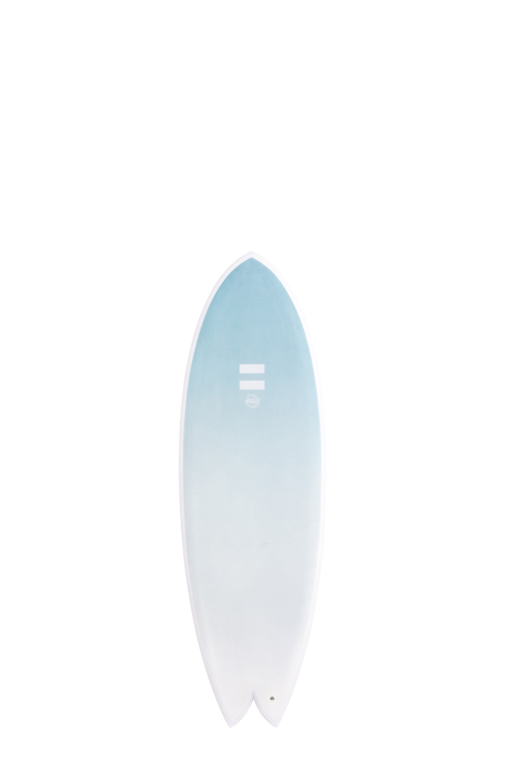 Front view of the Indio Endurance Combo surfboard in the New Space colorway, featuring a light blue-to-white gradient, shown upright on a white background.