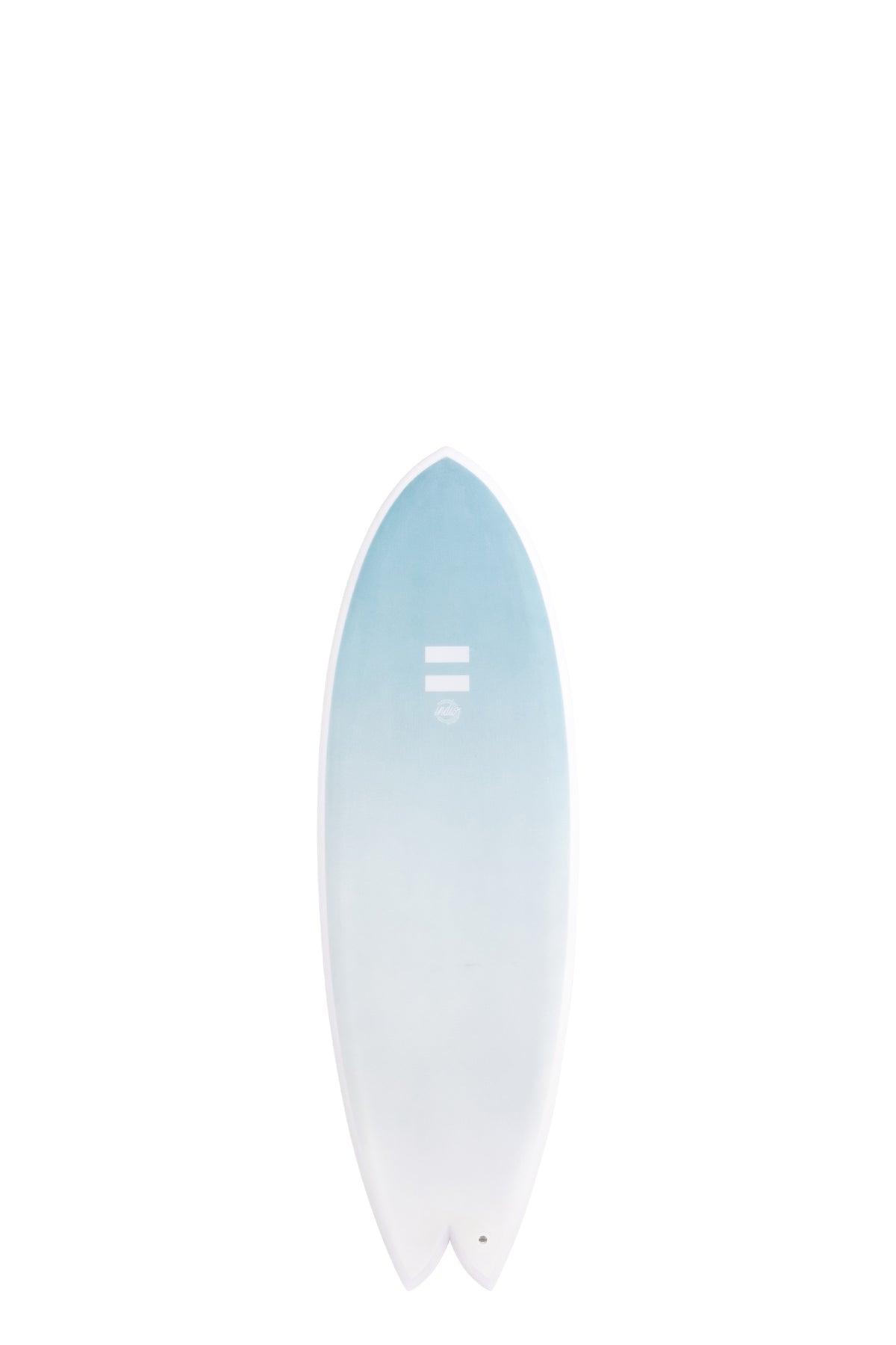 Front view of the Indio Endurance Combo surfboard in the New Space colorway, featuring a light blue-to-white gradient, shown upright on a white background.