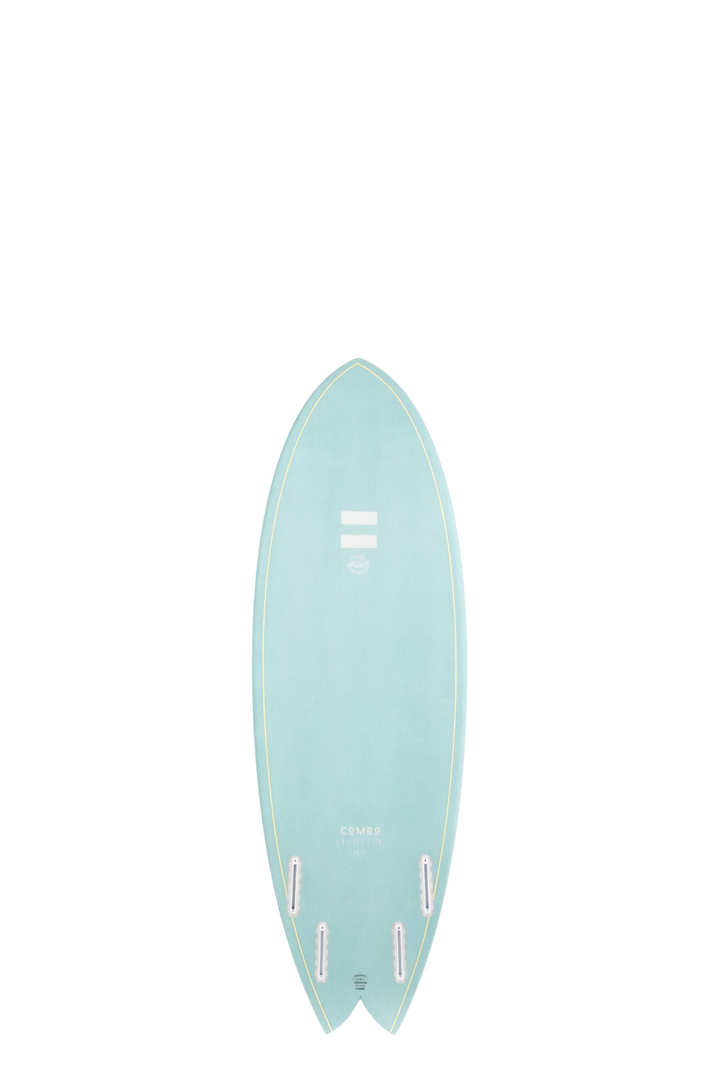 Back view of the Indio Endurance Combo surfboard featuring a smooth, solid Ocean color on the deck, displayed on a white background.
