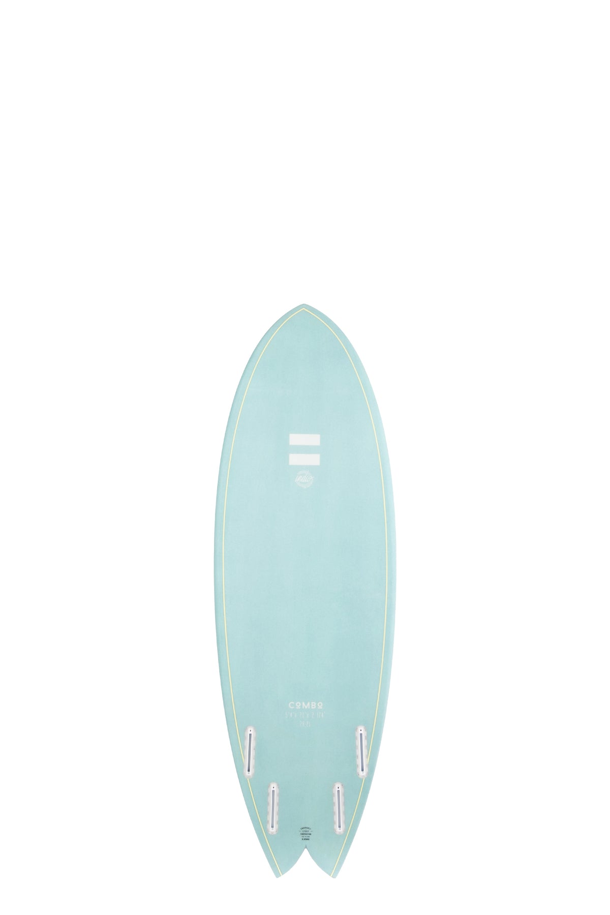 Back view of the Indio Endurance Combo surfboard featuring a smooth, solid Ocean color on the deck, displayed on a white background.
