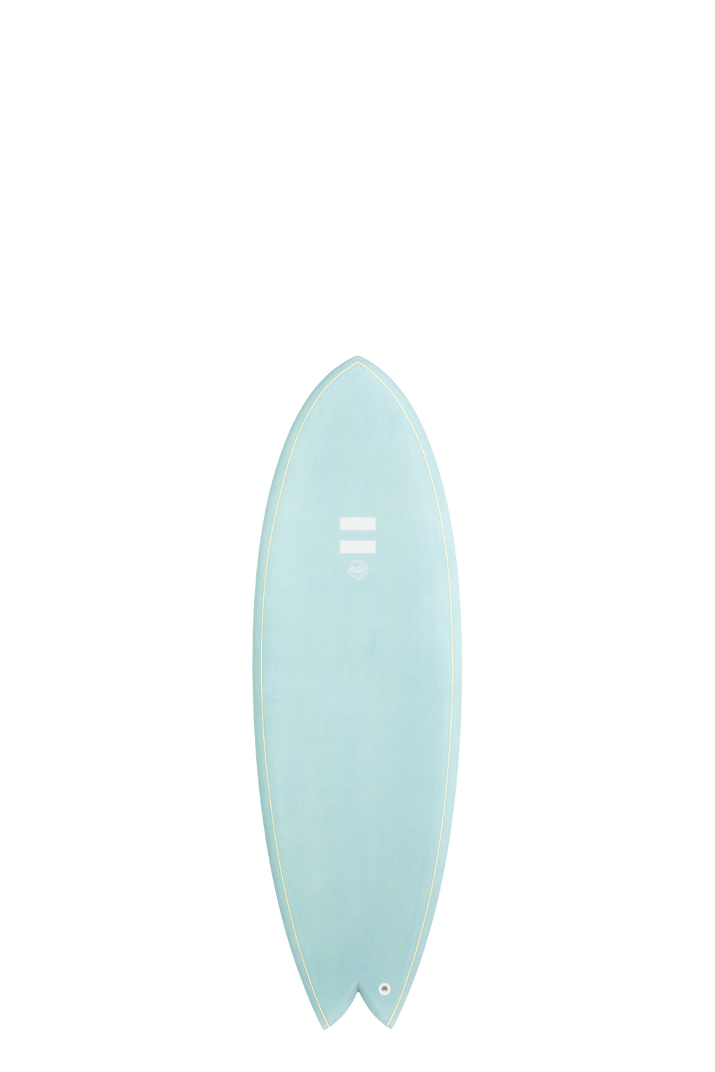 Front view of the Indio Endurance Combo surfboard featuring a smooth, solid Ocean color on the deck, displayed on a white background.
