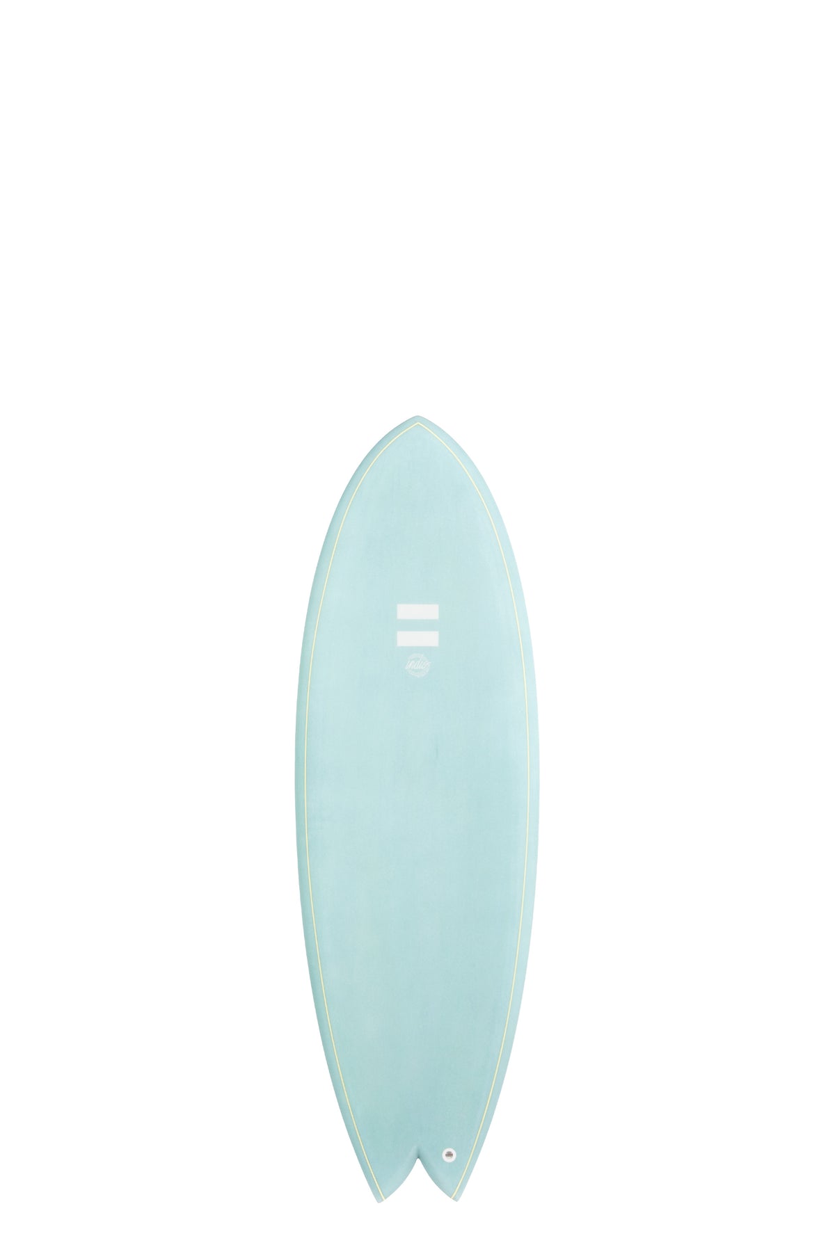 Front view of the Indio Endurance Combo surfboard featuring a smooth, solid Ocean color on the deck, displayed on a white background.