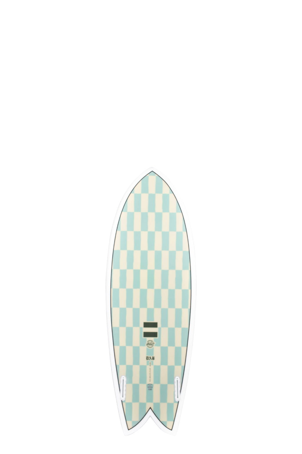 Back view of the Indio Endurance DAB Chess surfboard featuring a checkerboard pattern in light cream and soft green tones along the deck, displayed on a white background.