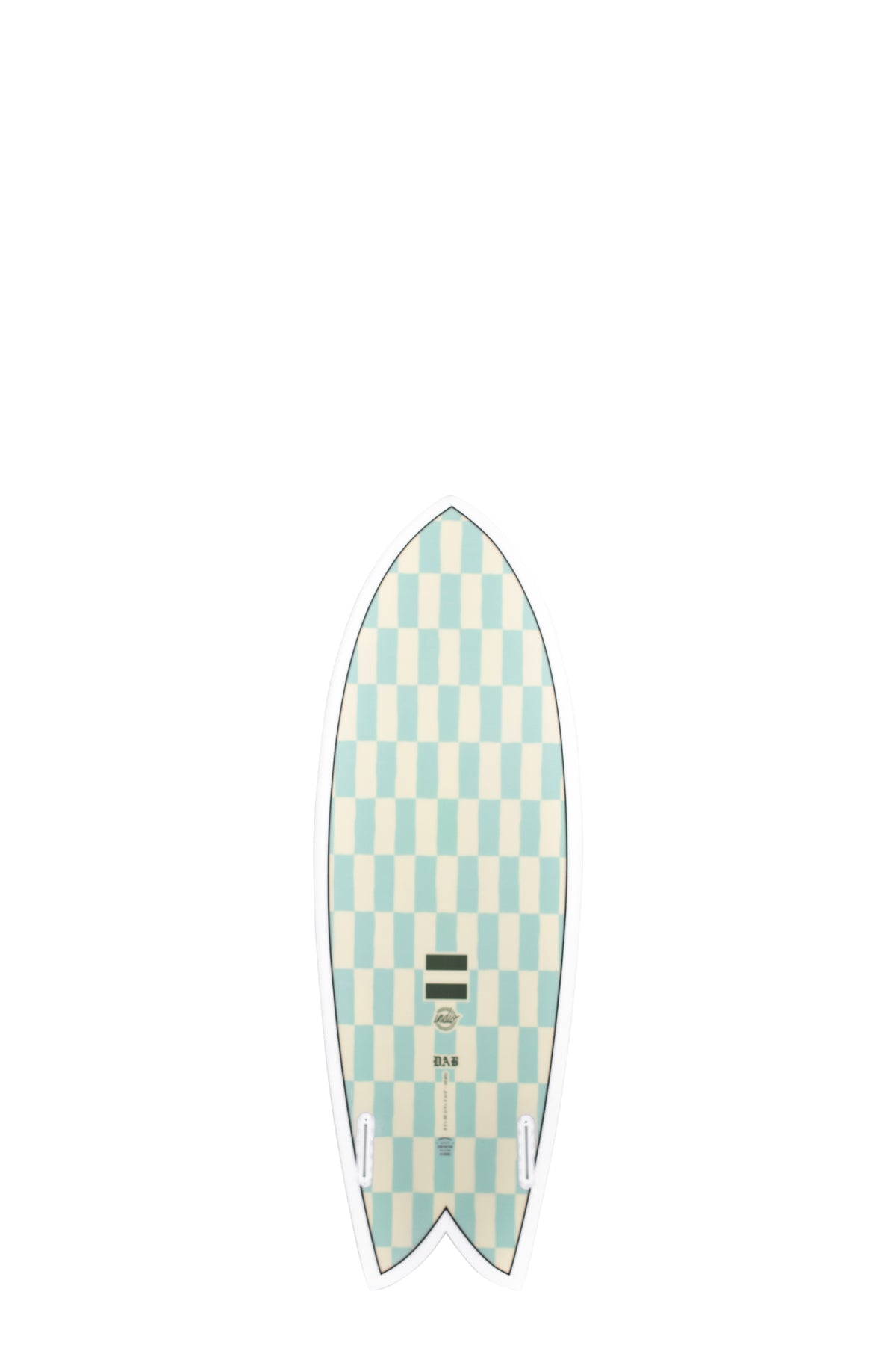 Back view of the Indio Endurance DAB Chess surfboard featuring a checkerboard pattern in light cream and soft green tones along the deck, displayed on a white background.