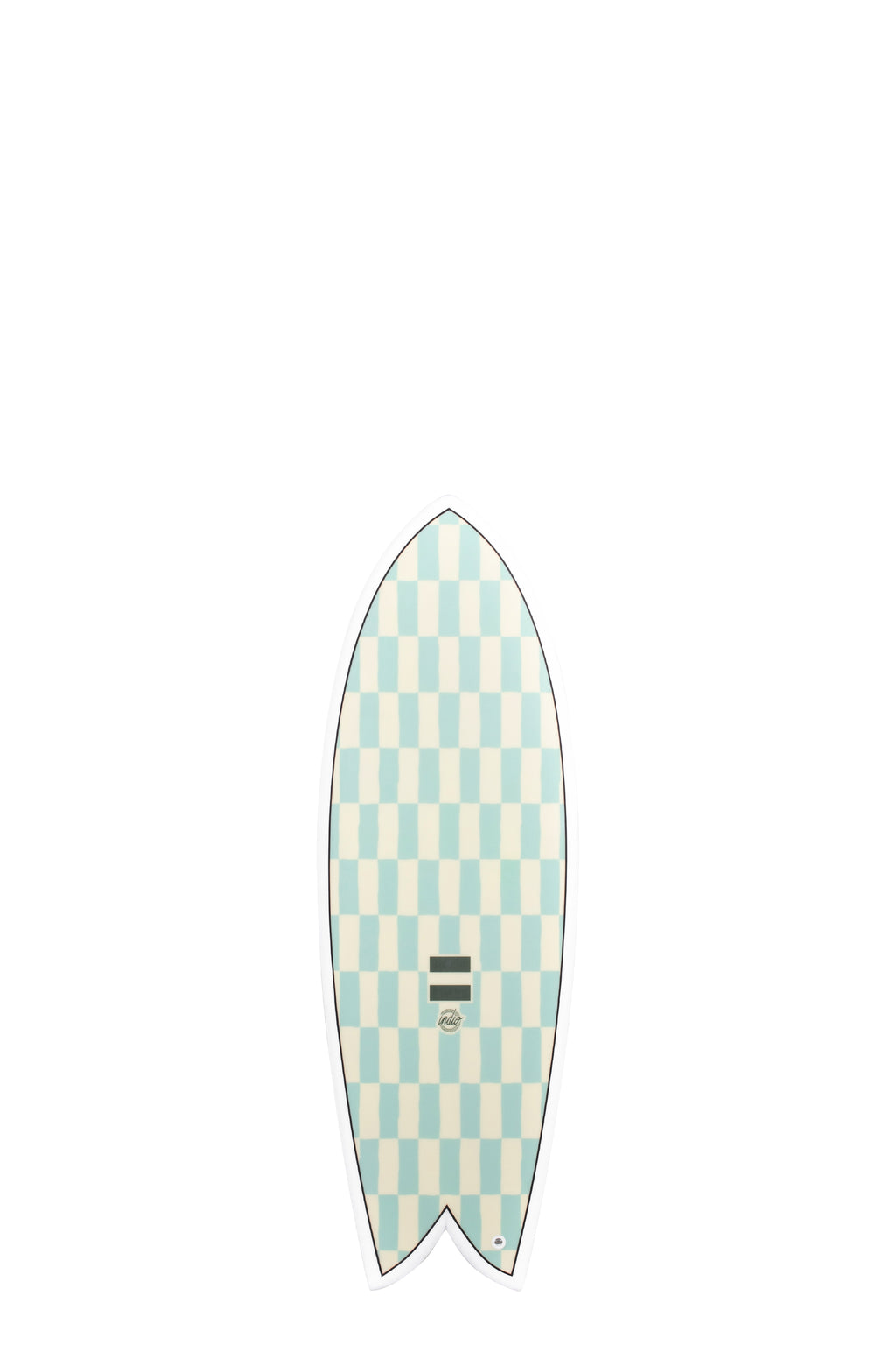 Front view of the Indio Endurance DAB Chess surfboard featuring a checkerboard pattern in light cream and soft green tones along the deck, displayed on a white background.