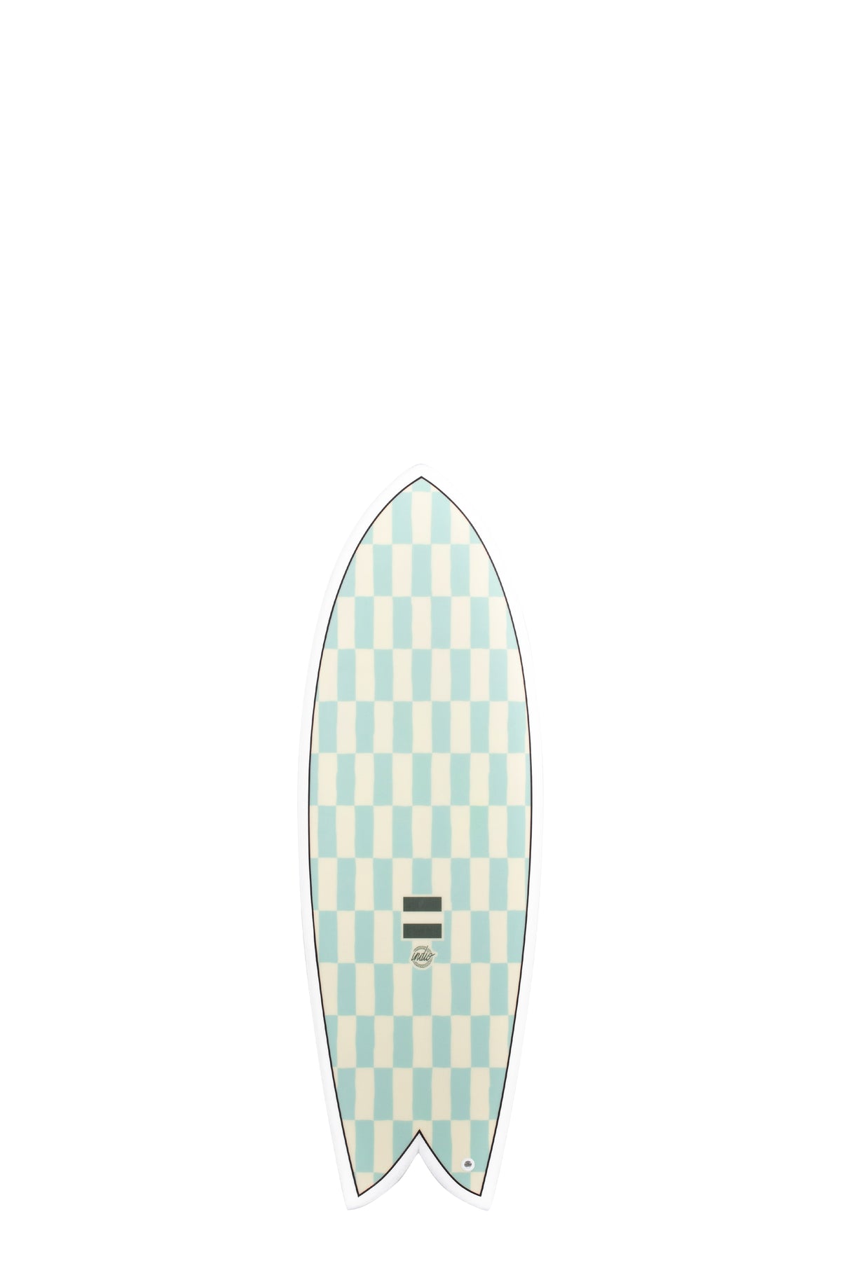 Front view of the Indio Endurance DAB Chess surfboard featuring a checkerboard pattern in light cream and soft green tones along the deck, displayed on a white background.