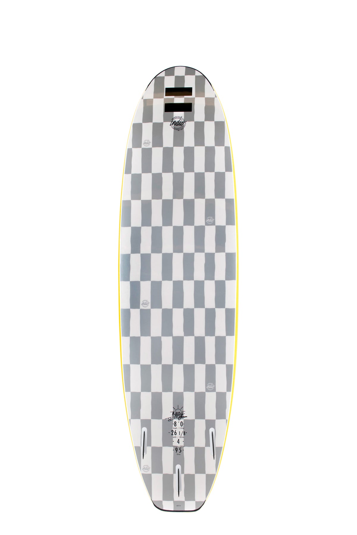 Back view of the Indio Easy softboard featuring a checkerboard pattern in light grey and dark grey tones along the deck, displayed on a white background.