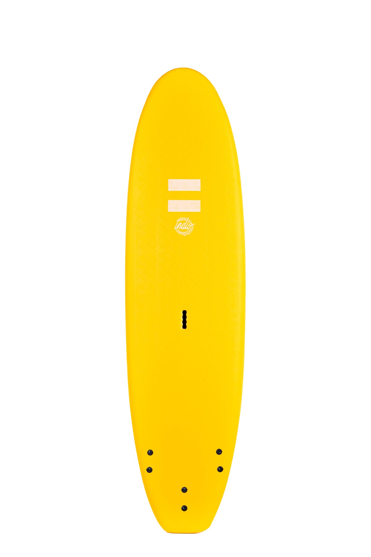 Front view of the Indio Easy softboard featuring a smooth, solid Neon Yellow color on the deck, displayed on a white background.