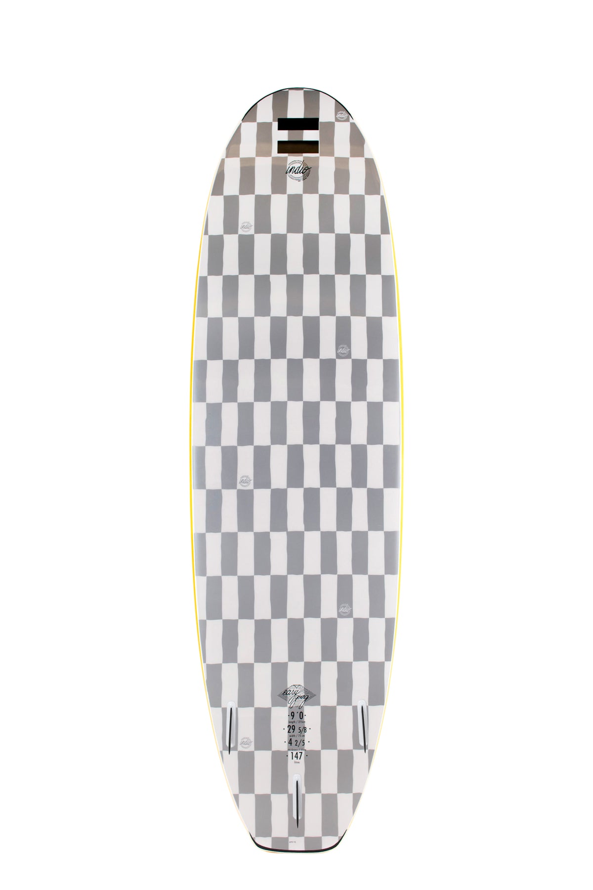 Back view of the Indio Easy Going softboard featuring a checkerboard pattern in light grey and dark grey tones along the deck, displayed on a white background.