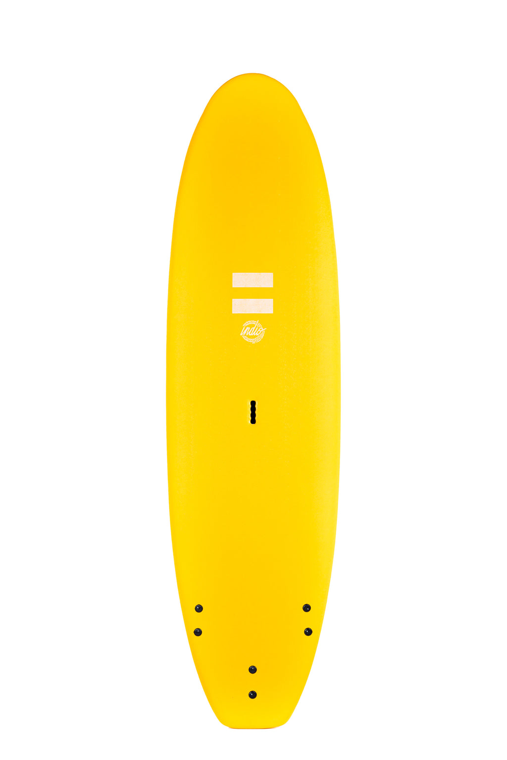 Front view of the Indio Easy Going softboard featuring a smooth, solid Neon Yellow color on the deck, displayed on a white background.