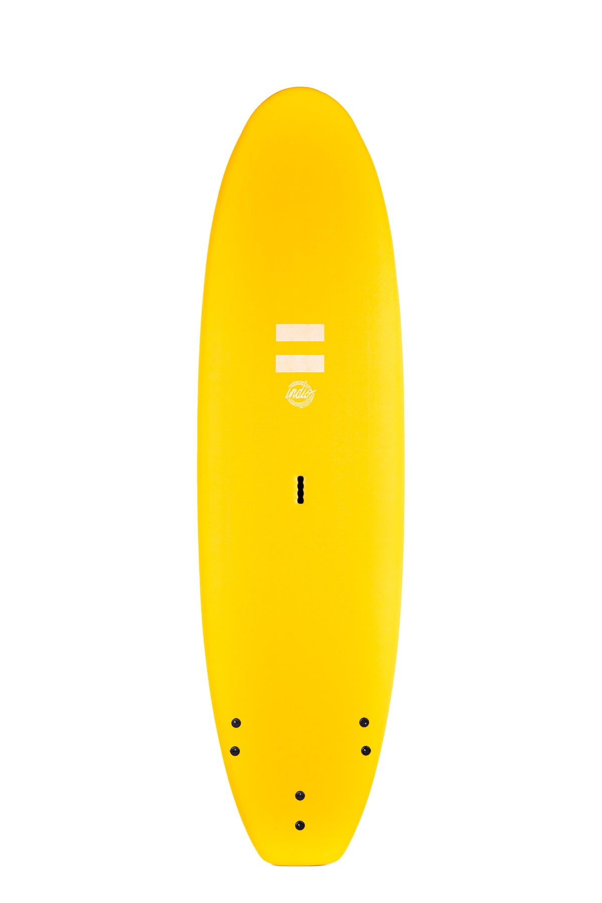 Front view of the Indio Easy Going softboard featuring a smooth, solid Neon Yellow color on the deck, displayed on a white background.