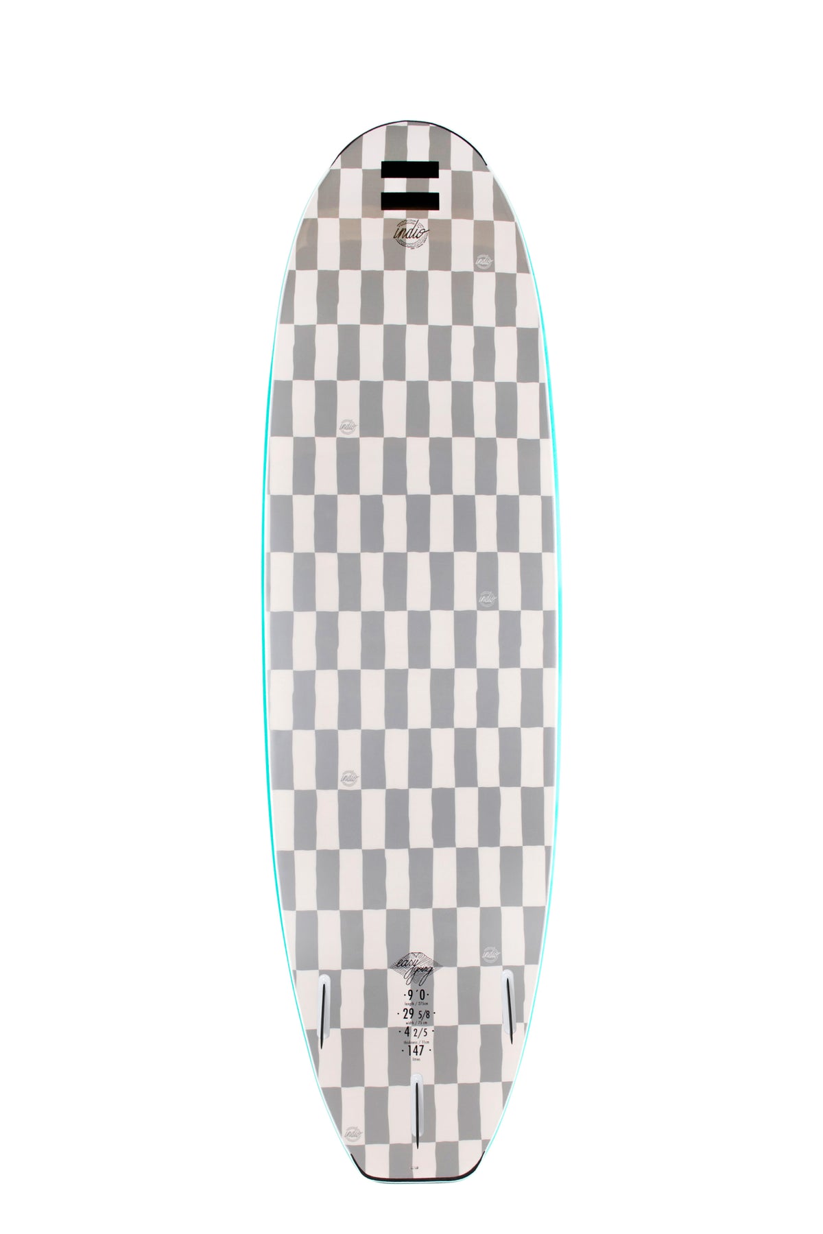 Back view of the Indio Easy Going softboard featuring a checkerboard pattern in light grey and dark grey tones along the deck, displayed on a white background.