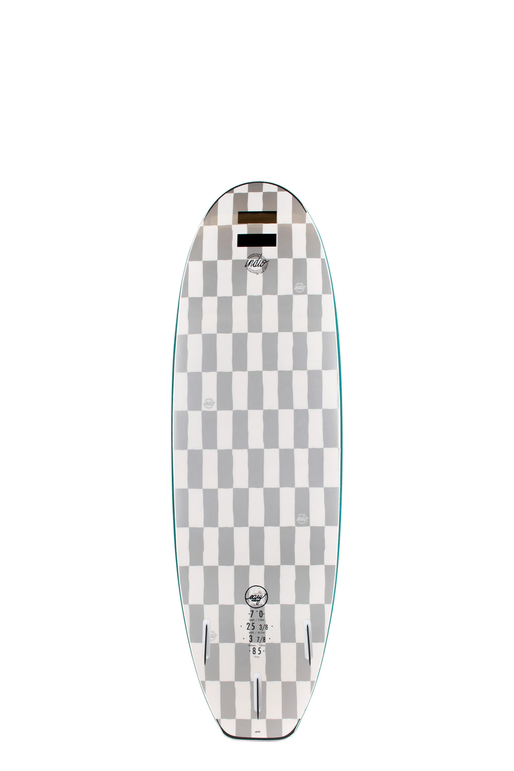 Back view of the Indio Easy Rider softboard featuring a checkerboard pattern in light grey and dark grey tones along the deck, displayed on a white background.