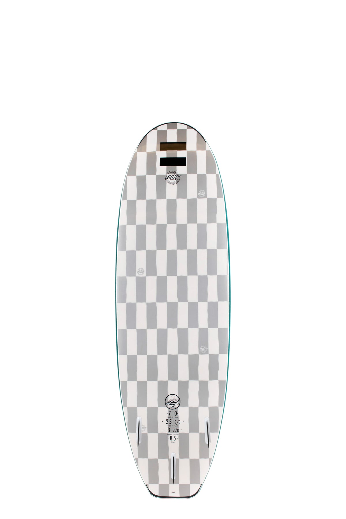 Back view of the Indio Easy Rider softboard featuring a checkerboard pattern in light grey and dark grey tones along the deck, displayed on a white background.
