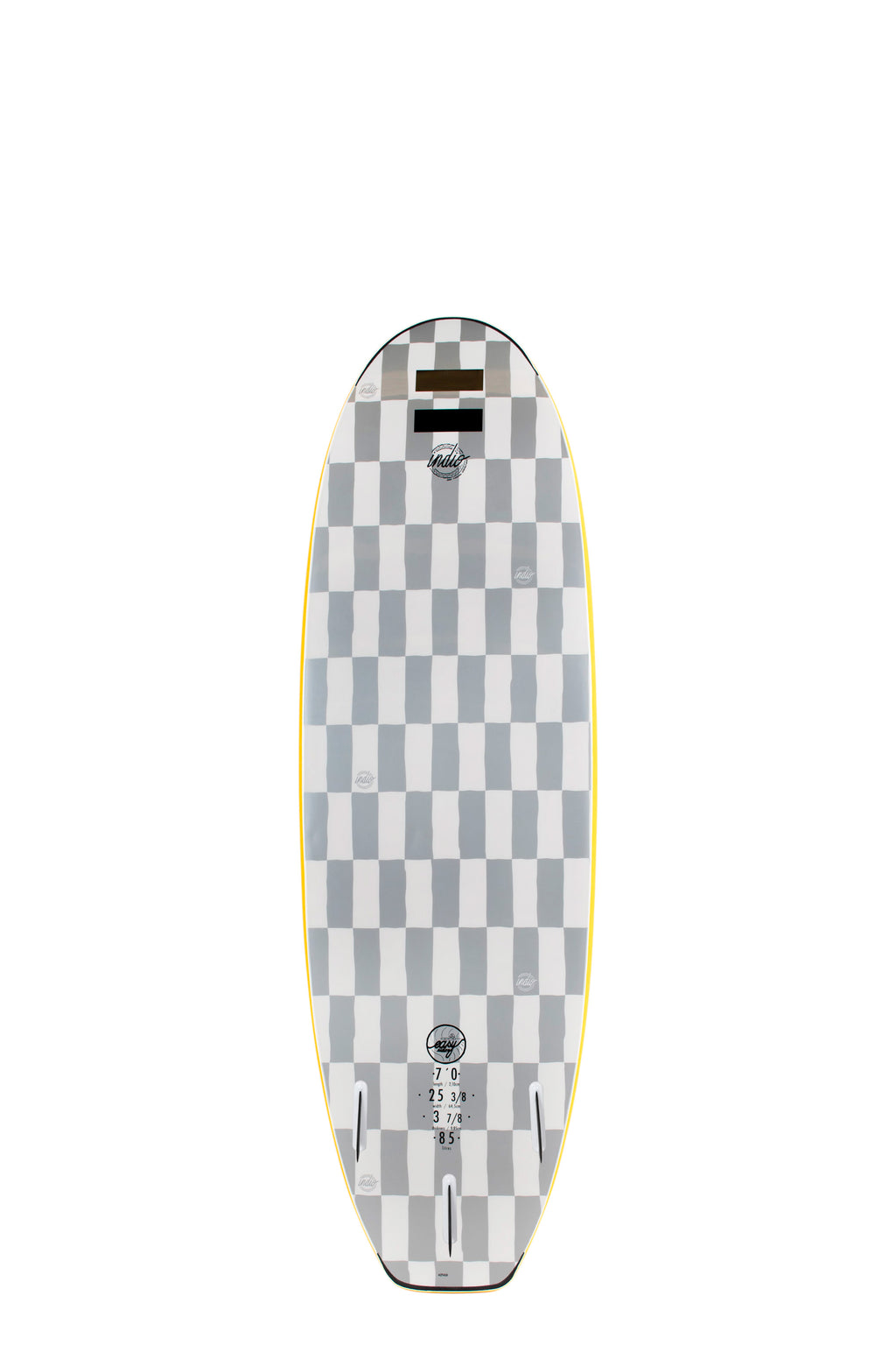 Back view of the Indio Easy Rider softboard featuring a checkerboard pattern in light grey and dark grey tones along the deck, displayed on a white background.
