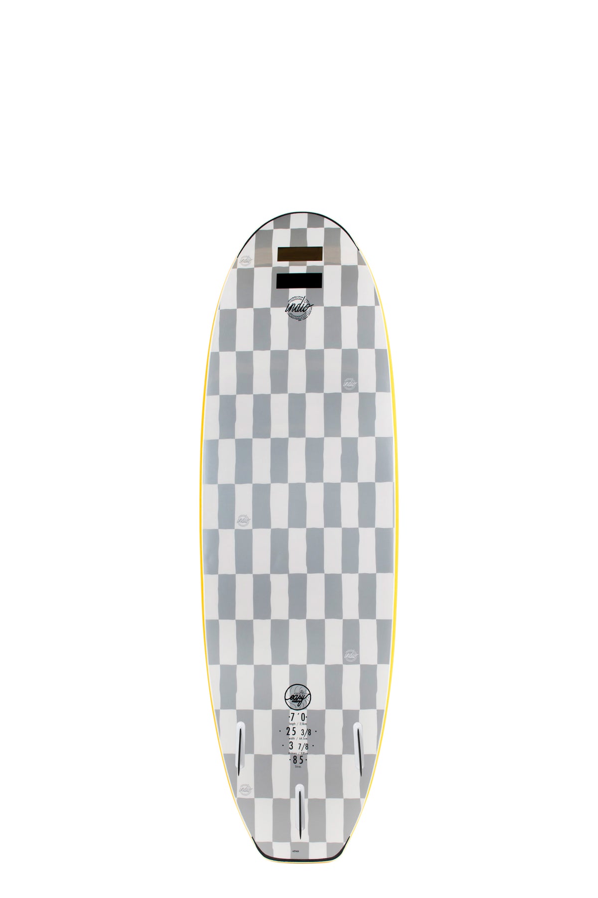 Back view of the Indio Easy Rider softboard featuring a checkerboard pattern in light grey and dark grey tones along the deck, displayed on a white background.