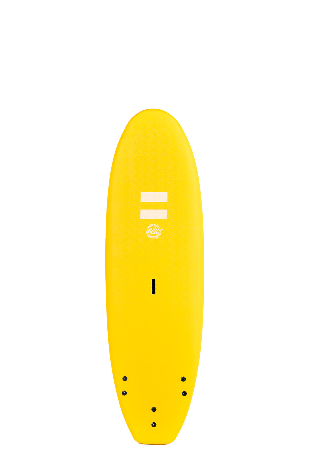 Front view of the Indio Easy Rider softboard featuring a smooth, solid Neon Yellow color on the deck, displayed on a white background.