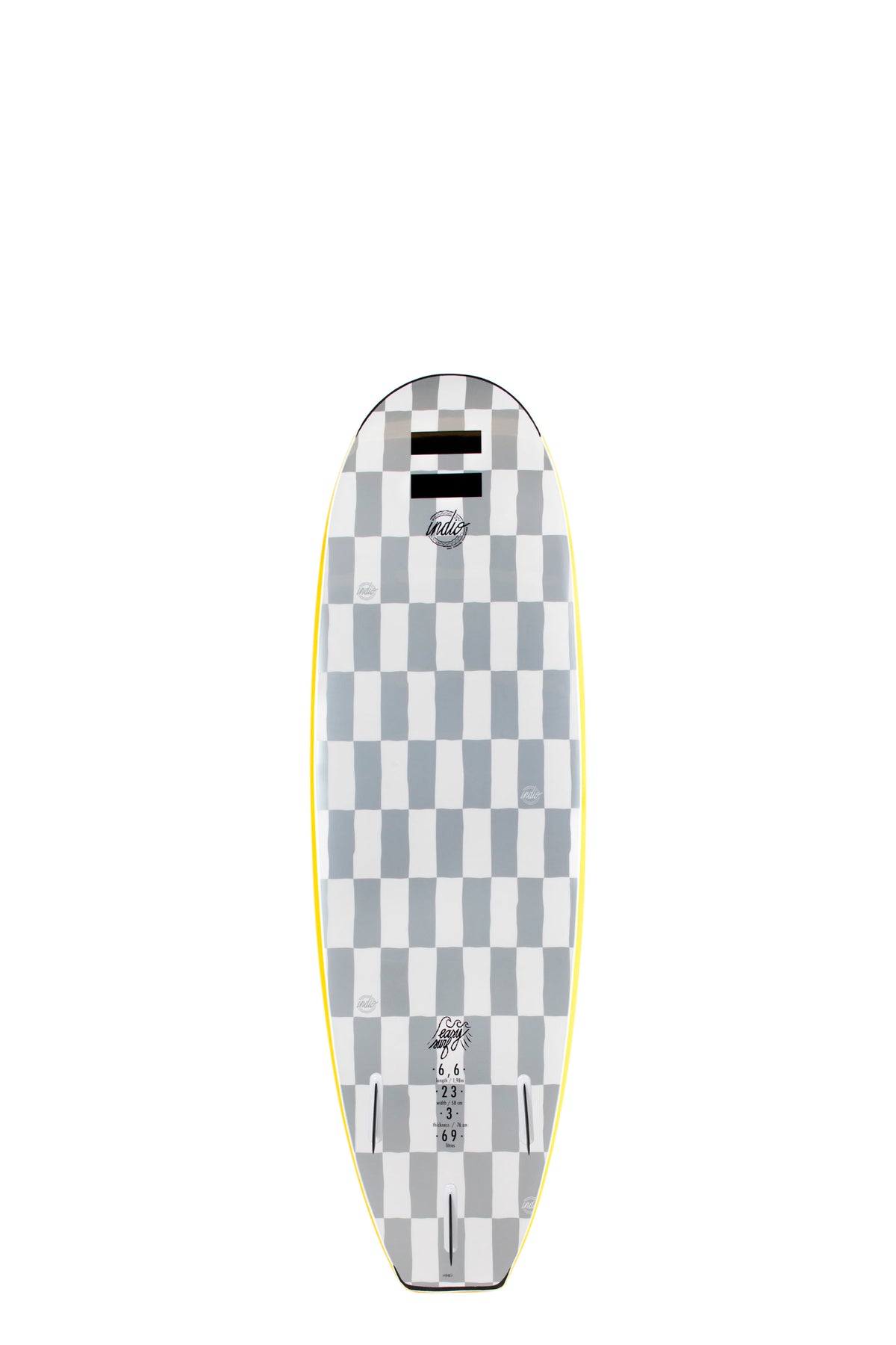 Back view of the Indio Easy Surf softboard featuring a checkerboard pattern in light grey and dark grey tones along the deck, displayed on a white background.