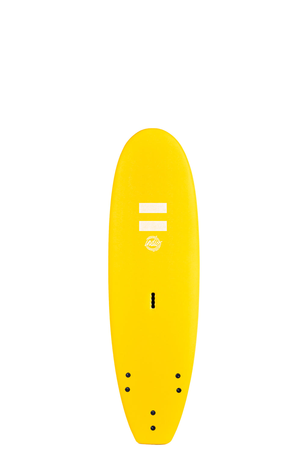 Front view of the Indio Easy Surf softboard featuring a smooth, solid Neon Yellow color on the deck, displayed on a white background.