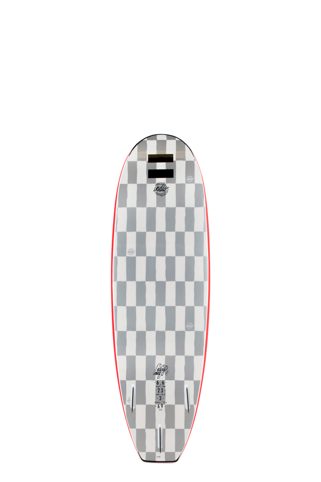 Back view of the Indio Easy Surf softboard featuring a checkerboard pattern in light grey and dark grey tones along the deck, displayed on a white background.