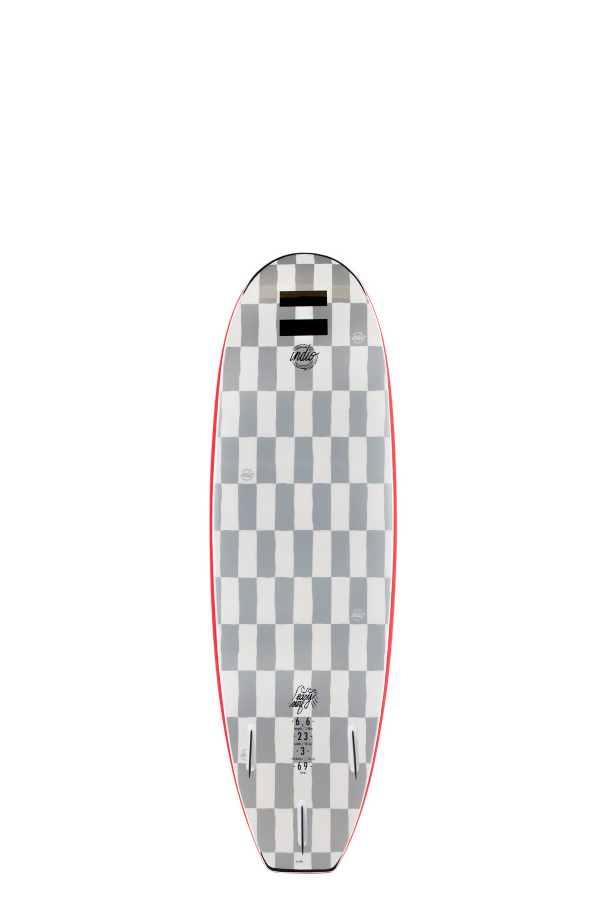 Back view of the Indio Easy Surf softboard featuring a checkerboard pattern in light grey and dark grey tones along the deck, displayed on a white background.