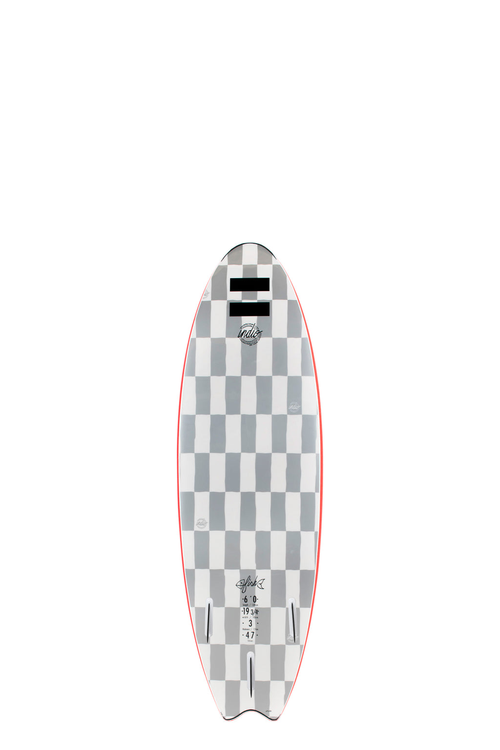 Back view of the Indio Fish softboard featuring a checkerboard pattern in light grey and dark grey tones along the deck, displayed on a white background.