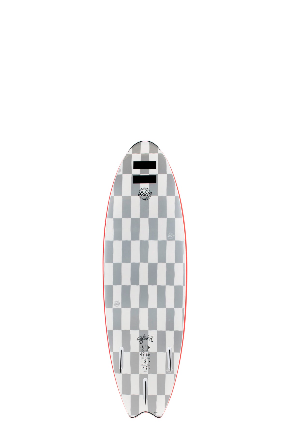 Back view of the Indio Fish softboard featuring a checkerboard pattern in light grey and dark grey tones along the deck, displayed on a white background.