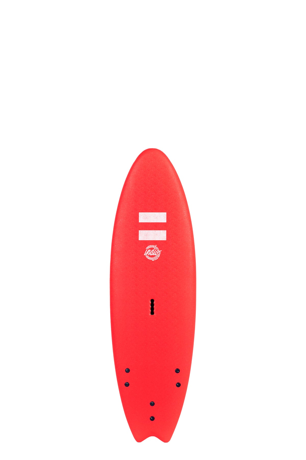 Front view of the Indio Fish softboard featuring a smooth, solid Red color on the deck, displayed on a white background.