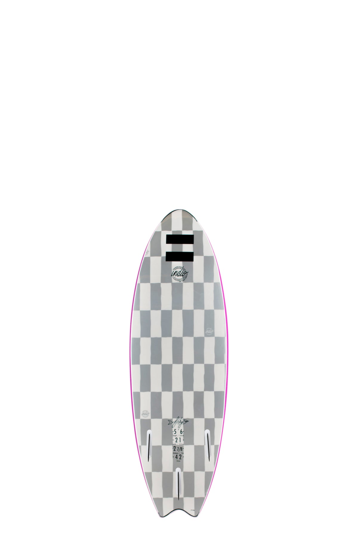 Back view of the Indio Fishy softboard featuring a checkerboard pattern in light grey and dark grey tones along the deck, displayed on a white background.