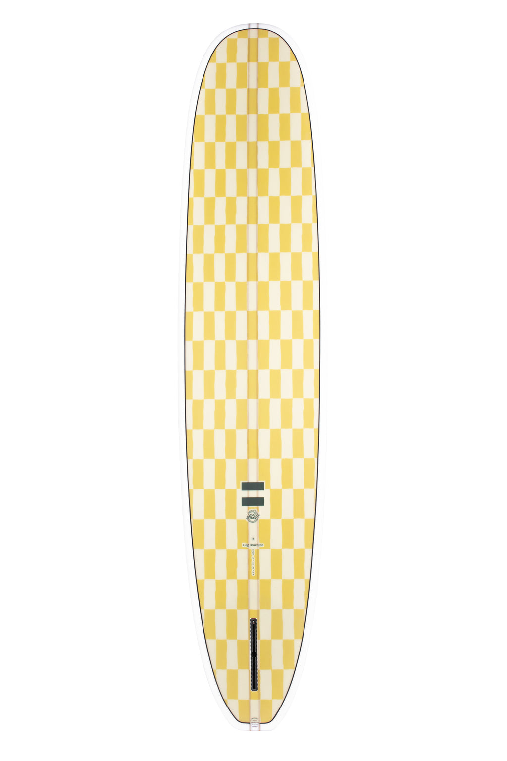 Back view of the Indio Endurance Log Machine Chess surfboard featuring a checkerboard pattern in light cream and yellow tones along the deck, displayed on a white background.