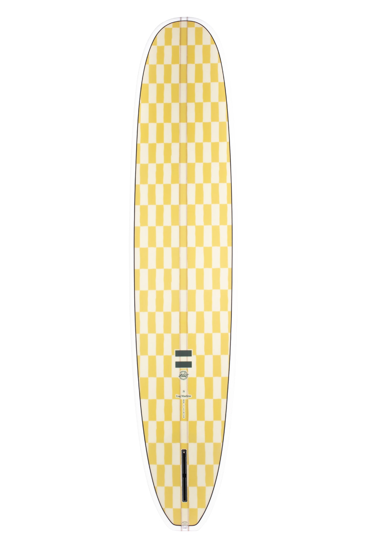 Back view of the Indio Endurance Log Machine Chess surfboard featuring a checkerboard pattern in light cream and yellow tones along the deck, displayed on a white background.