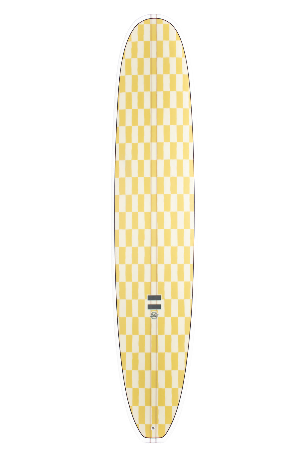 Front view of the Indio Endurance Log Machine Chess surfboard featuring a checkerboard pattern in light cream and yellow tones along the deck, displayed on a white background.