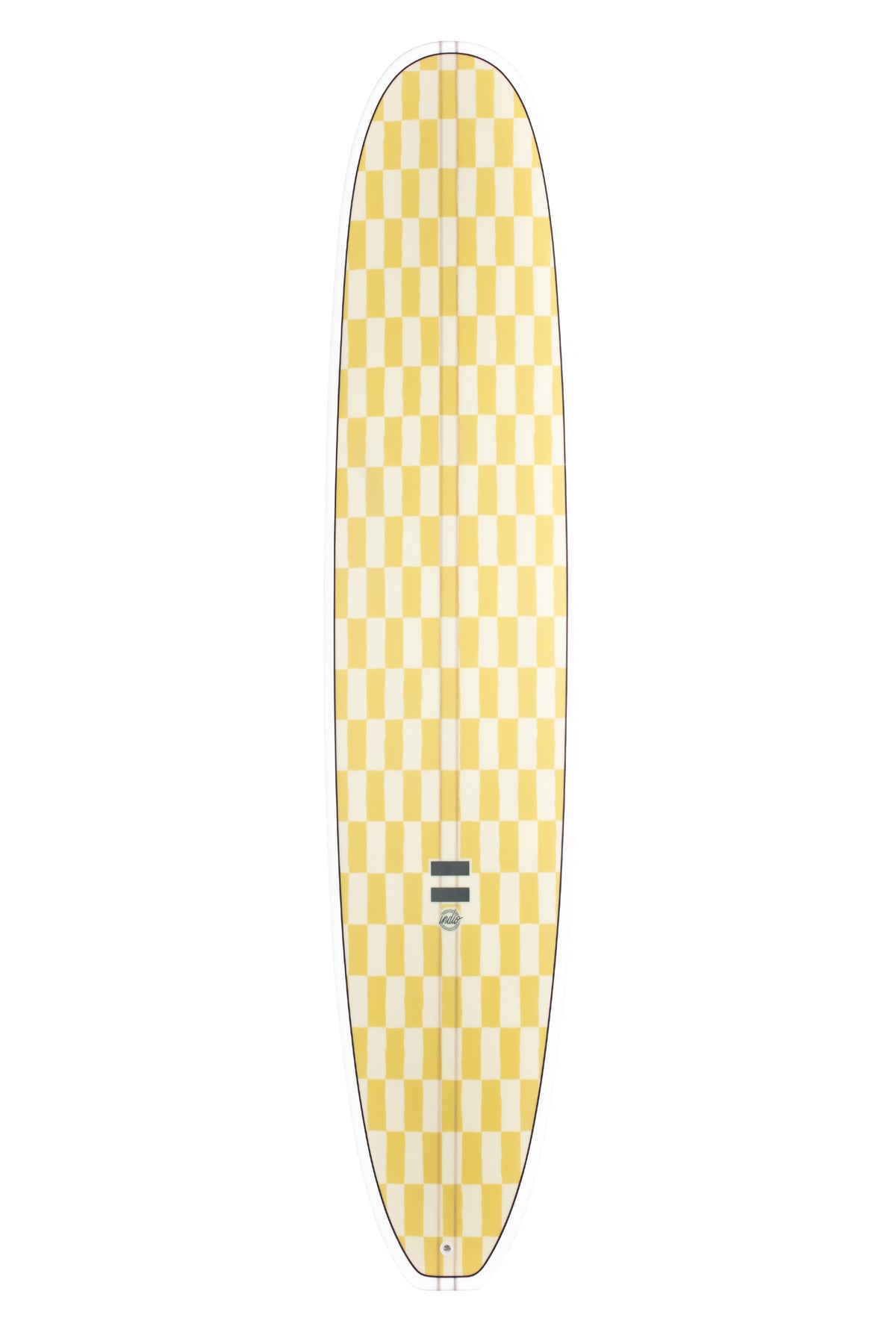 Front view of the Indio Endurance Log Machine Chess surfboard featuring a checkerboard pattern in light cream and yellow tones along the deck, displayed on a white background.