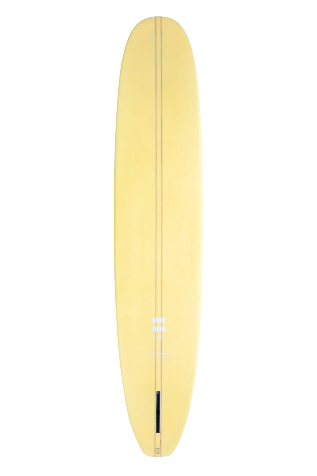 Back view of the Indio Endurance Log Machine surfboard featuring a smooth, solid cream color on the deck, displayed on a white background.