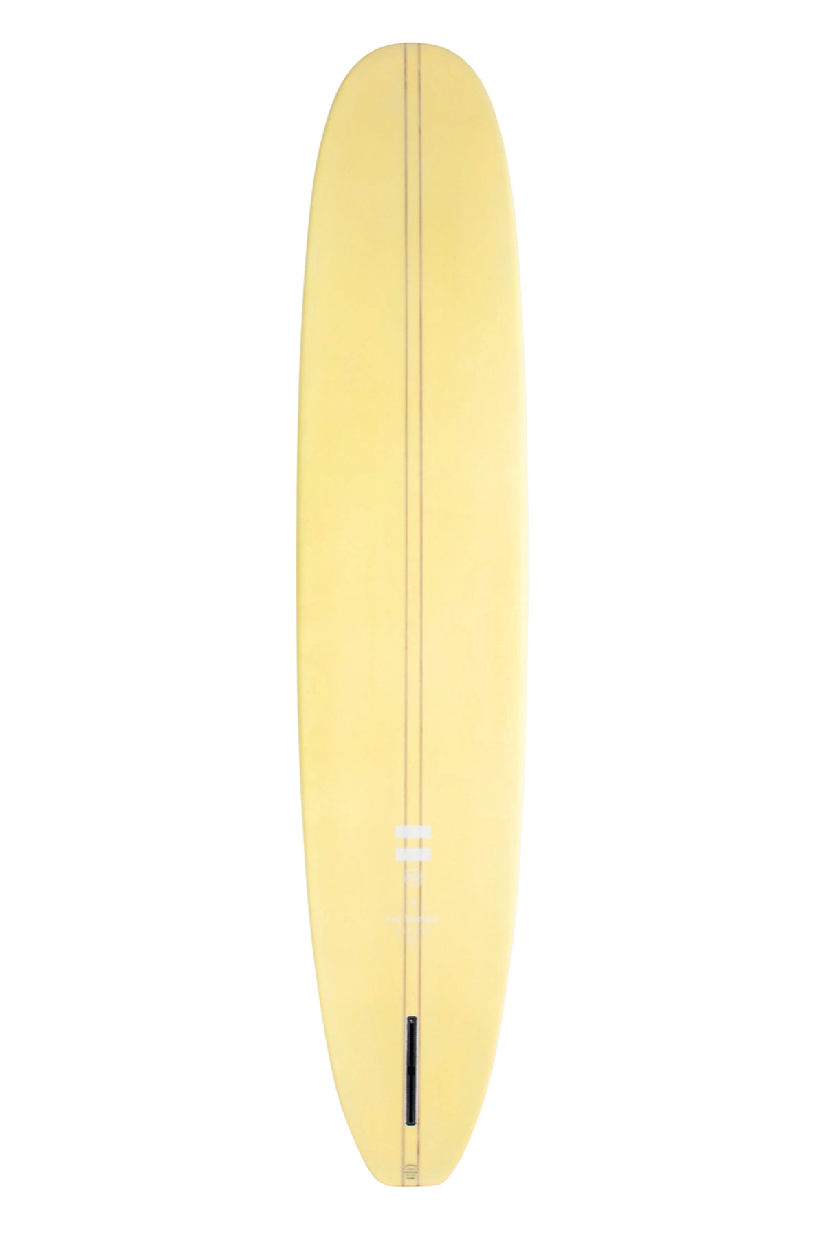 Back view of the Indio Endurance Log Machine surfboard featuring a smooth, solid cream color on the deck, displayed on a white background.